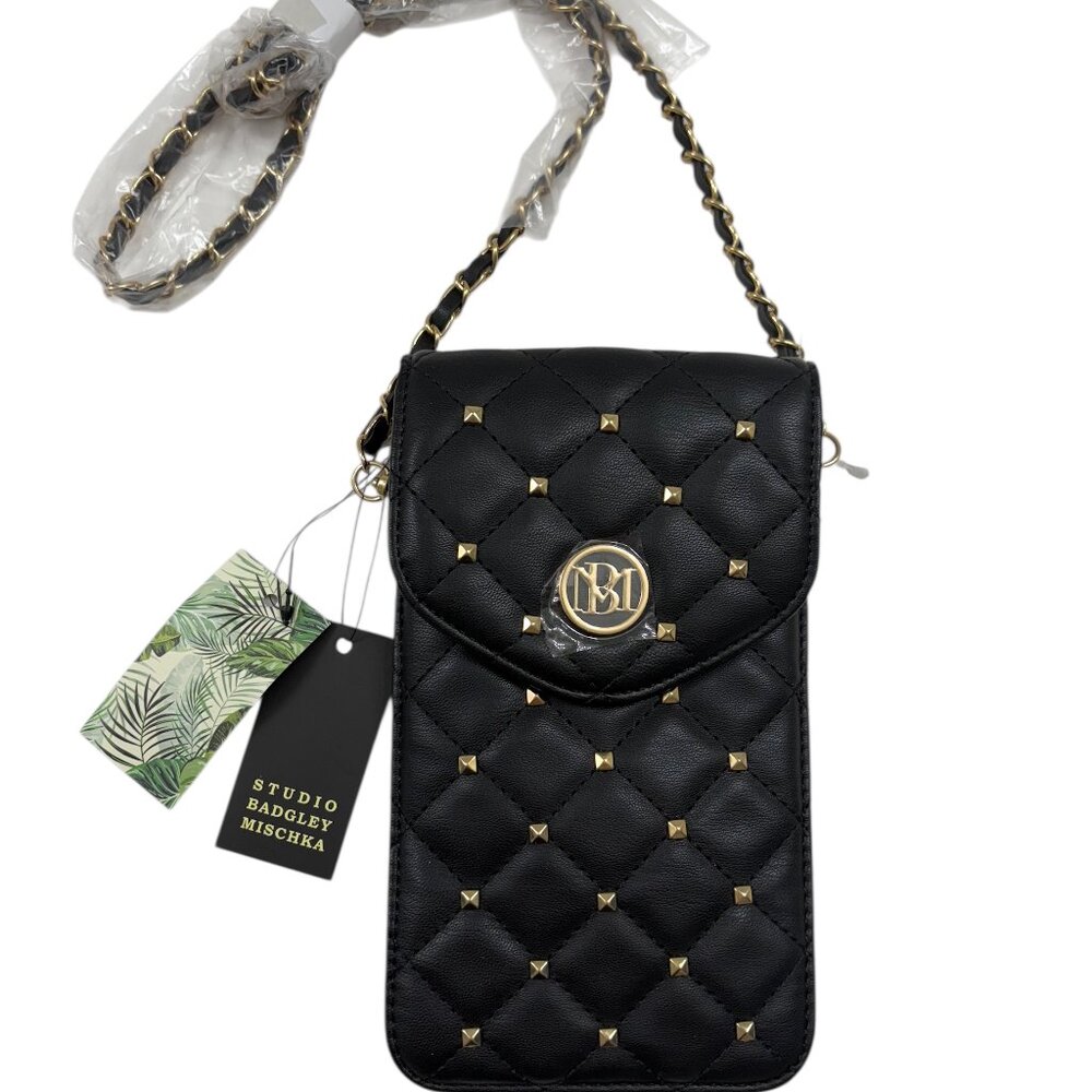 Badgley Mischka -Black  Quilted / Gold Studded Crossbody Phone Bag - NWT